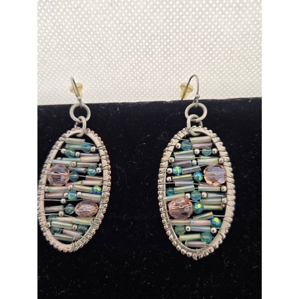 Silver Tone Oval Beaded Iridescent Handmade Dangle Earrings